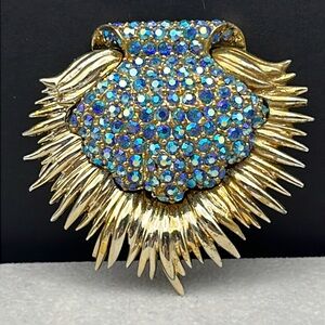 Vintage gold tone blue AB Rhinestone clam shell brooch brilliant and beautiful